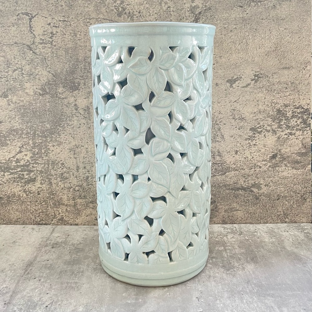 Vtg Chinese Celadon Greenware Large Vase Leaves Lattice Double Layered 13.5”